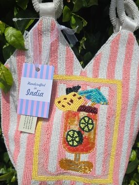 Viral Pink & White Beaded Bag with Tropical Drink